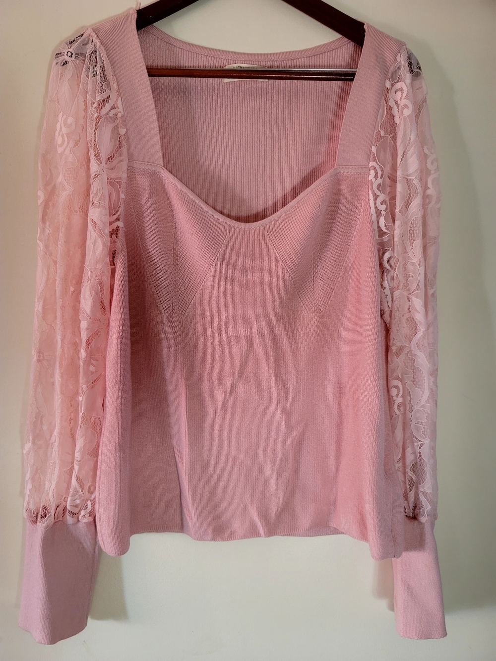 Anthropologie Pink Ribbed Knit Top with Lace Long Sleeves Size 3X,